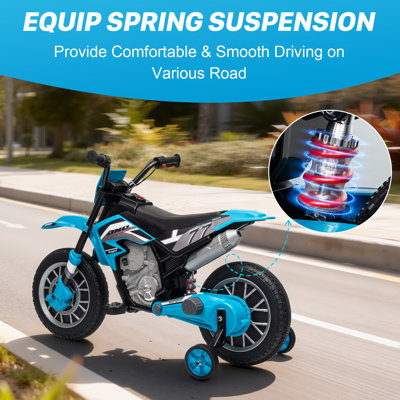 Motocyclette pour enfants de 12 à 8 ans de Mukidy avec pneus EVA sur roulettes, vélo électrique pour enfants de 3 à 8 ans, jouet de Noël à piles pour enfants, avec roues d'entraînement à la sécurité, suspension à ressort - bleu