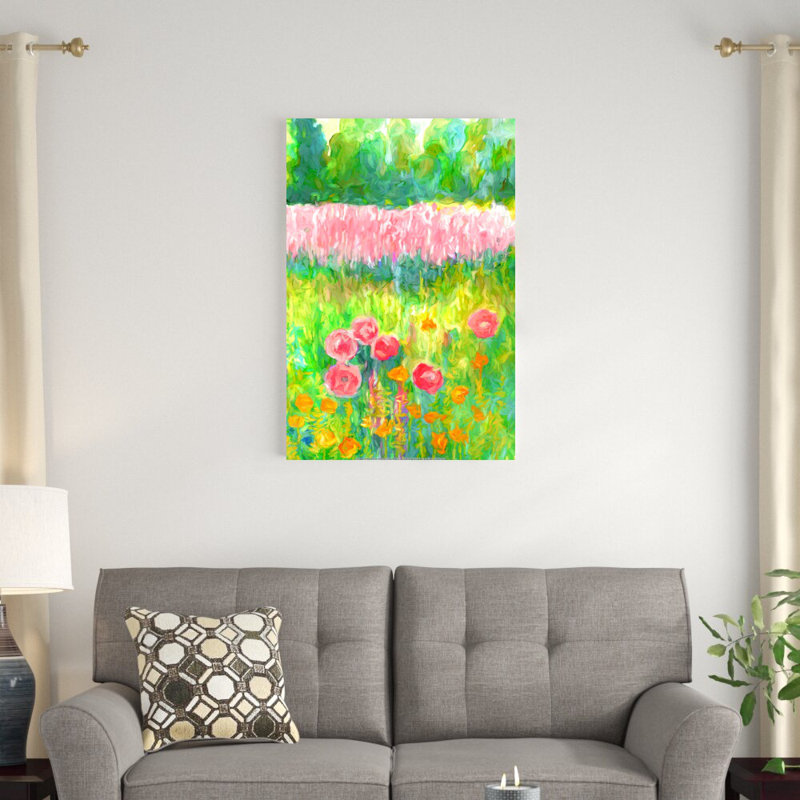 Champ de coquelicots roses - peinture sur toile tendue, H 36 po x l 24 po