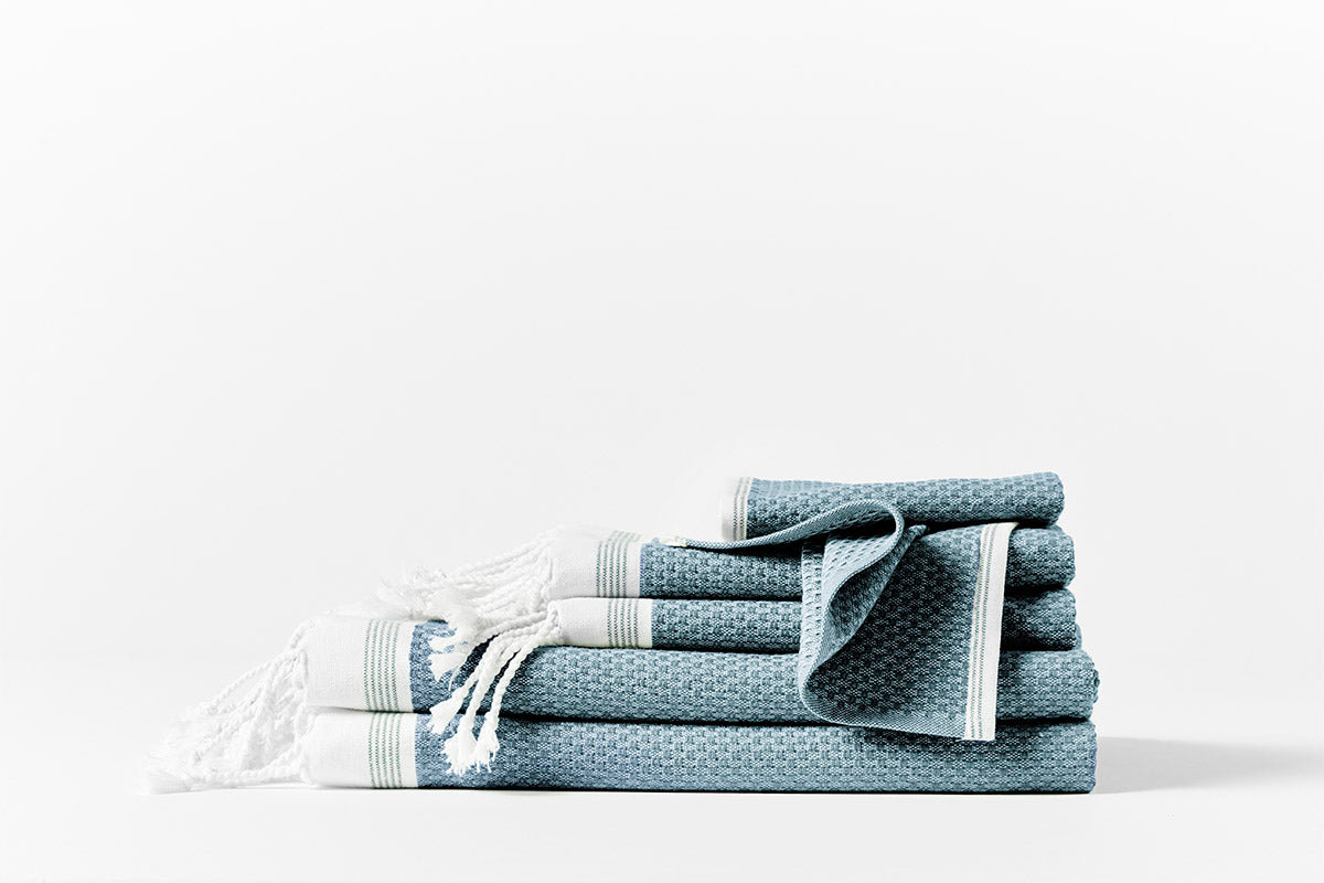 Mediterranean Organic Cotton Bath Towel, Fingertip Towel, Aquamarine w/Sea Spray