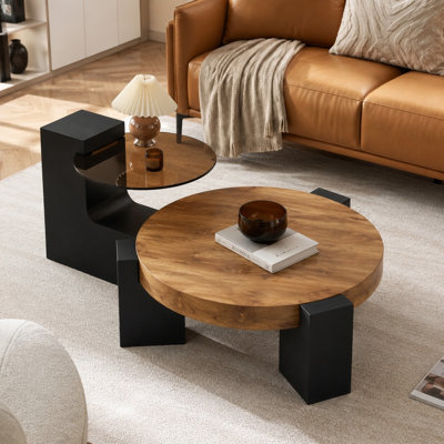 2-Piece Modern Round Nesting Coffee Table Set with Tempered Glass and Wood-Grain Top