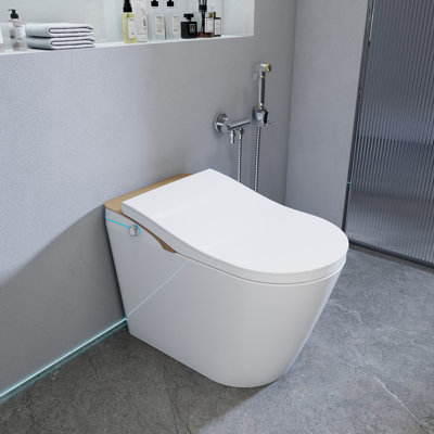 SJ STAR&JANE Elongated Smart Toilet 1.32 GPF In White And Gold, With Tankless Heated Seat, Auto Flush, Warm Air Dryer, Foot Sensor