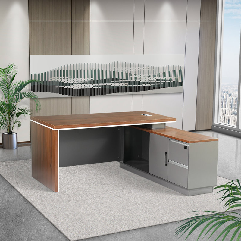Murwah Walnut-Coloured Office Computer Desk with Cabinet on the Right Side