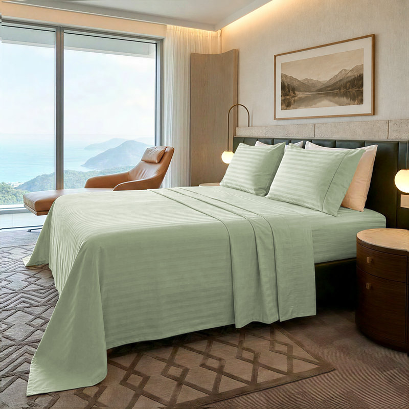 Ensemble de draps 100% coton 500 fils Threadmill, Ensemble de draps pour lit simple avec 1 taie d'or, Rayure vert sauge