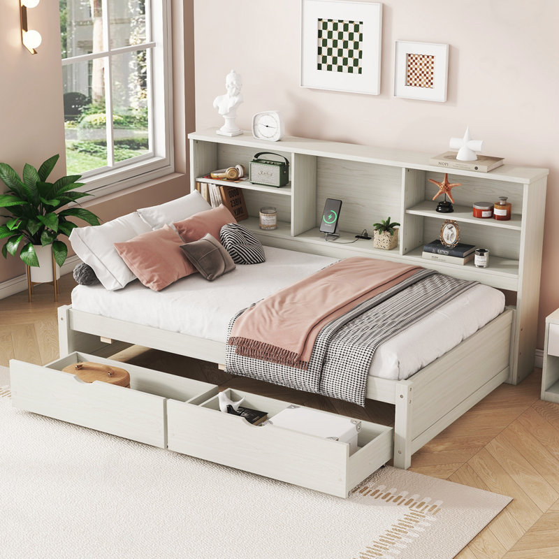Twin Bed with USB Port and Side Bookshelves & 2 Underbed Drawers, Creamy White