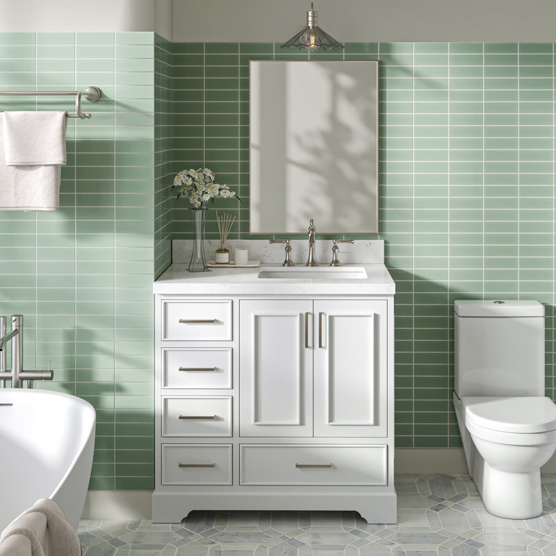 36.25'' Single Bathroom Vanity with Carrara Quartz Top, White