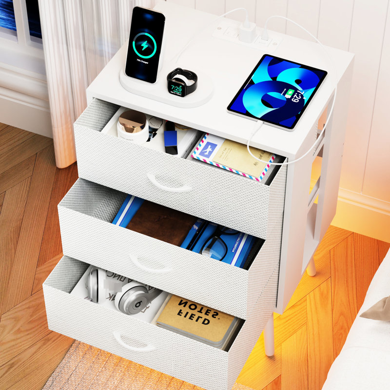 Ensemble de 2 tables de chevet avec station de charge, tables de chevet blanches tiroirs à DEL et non tissés, éclairage télécommandé pour l'ambiance, panneau de particules enduit, Scratch facile à nettoyer, charge de bureau de 20 kg