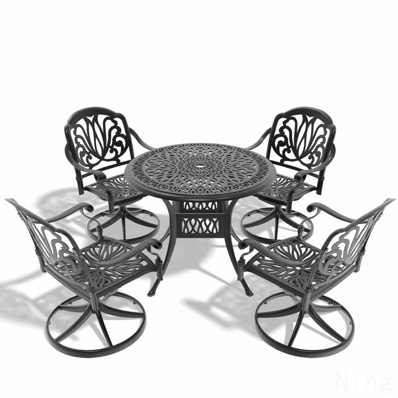 Ensemble de salle à manger 5 pièces en aluminium coulé résistant aux intempéries, comprenant 4 chaises pivotantes et une table ronde de 35,43 po avec structure noire