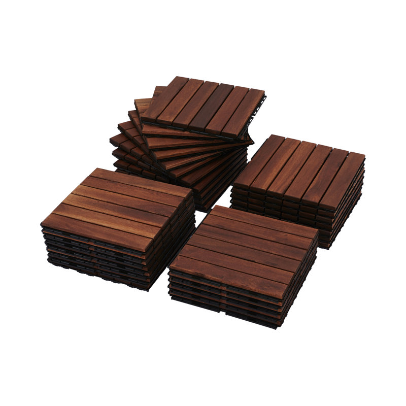 Brown Acacia Hardwood Interlocking Outdoor Deck Tiles, 12" x 12"