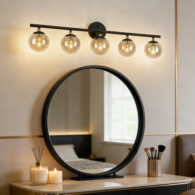 5-Light Vanity Light Fixture, Modern Matte Black And Brass Gold Bathroom Lighting With Globe Glass Shades, Adjustable Up Or Down Mount For Mirror, Wall Sconce