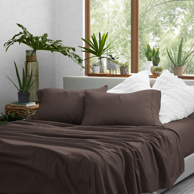 Sateen Double Brushed Microfiber Sheet Set, Full Sheet Set + Fitted Sheet + 2 Pillowcases, Cocoa