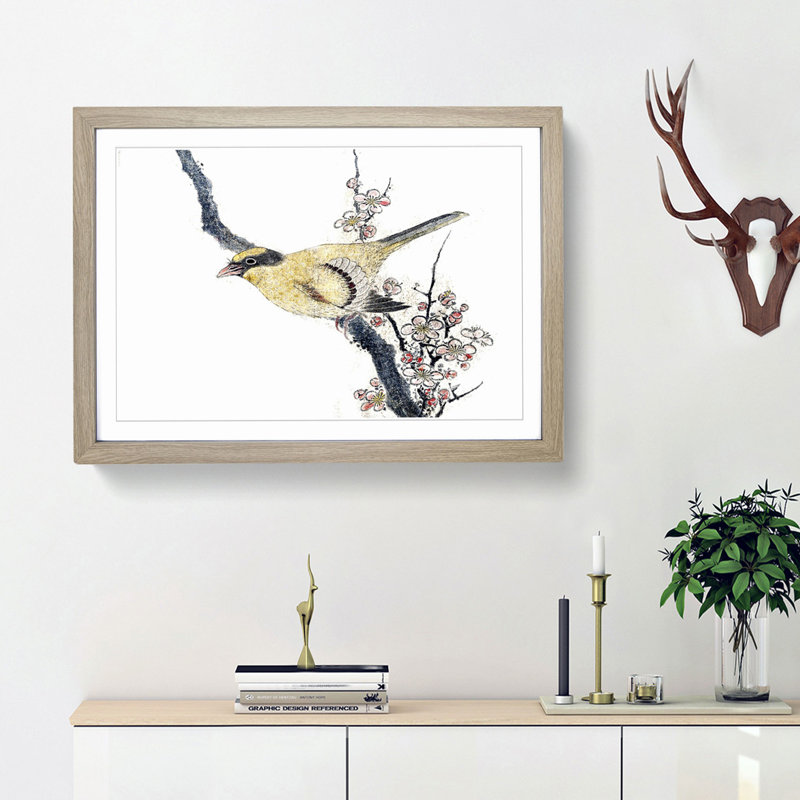 Bird on a Branch by Katsushika Hokusai - Picture Frame Painting Print, Oak Framed, 48cm H x 65cm W x 2cm D