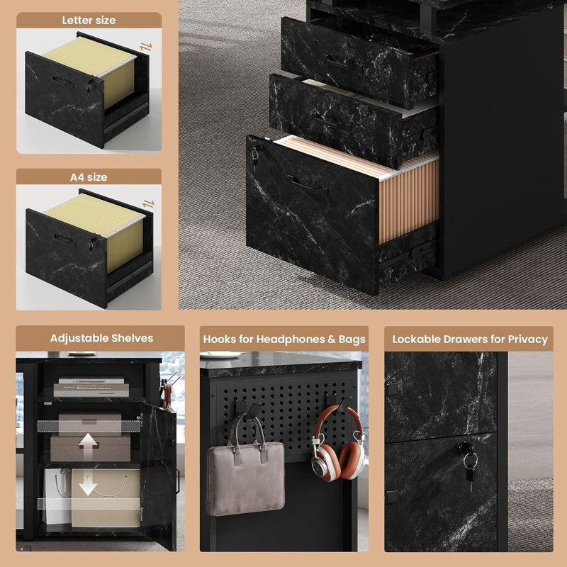 78" Executive Desk With Lockable File Cabinet, L Shaped Office Desk With Power Outlets, Privacy Screen, Marble Black