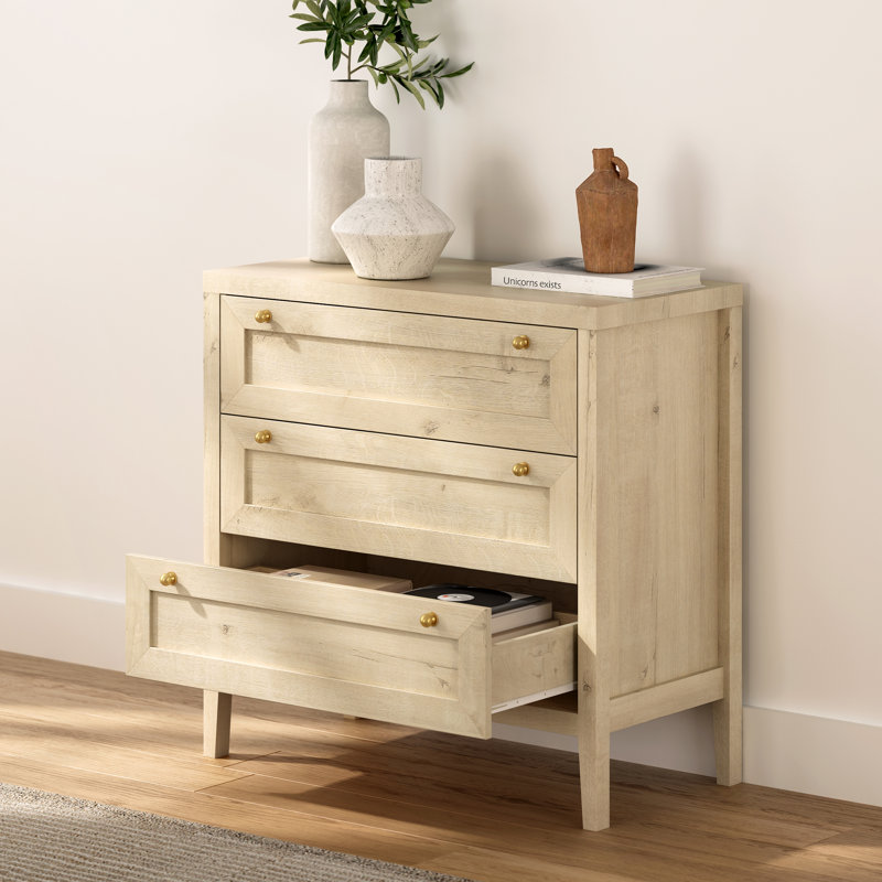Commode 3 tiroirs avec poignées dorées, armoire de rangement moderne pour chambre à coucher, salon, vestibule, Chêne clair