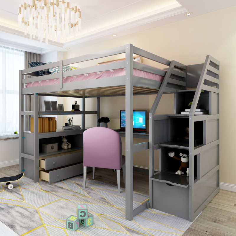Helenna Kids Full Loft Bed with Drawers, Gray