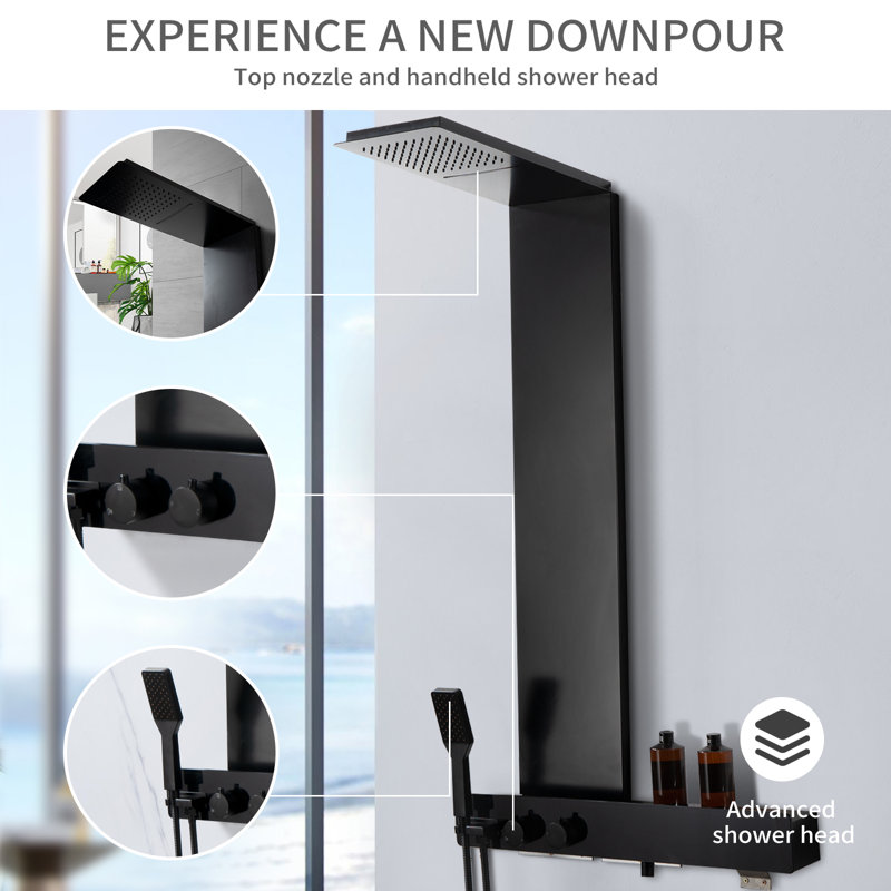 Matte Black Multi-Function Shower Panel with Rainfall and Waterfall Heads