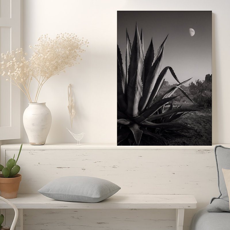 Art mural noir et blanc sur toile d'agave avec croissant de lune, H 24 po x l 16 po