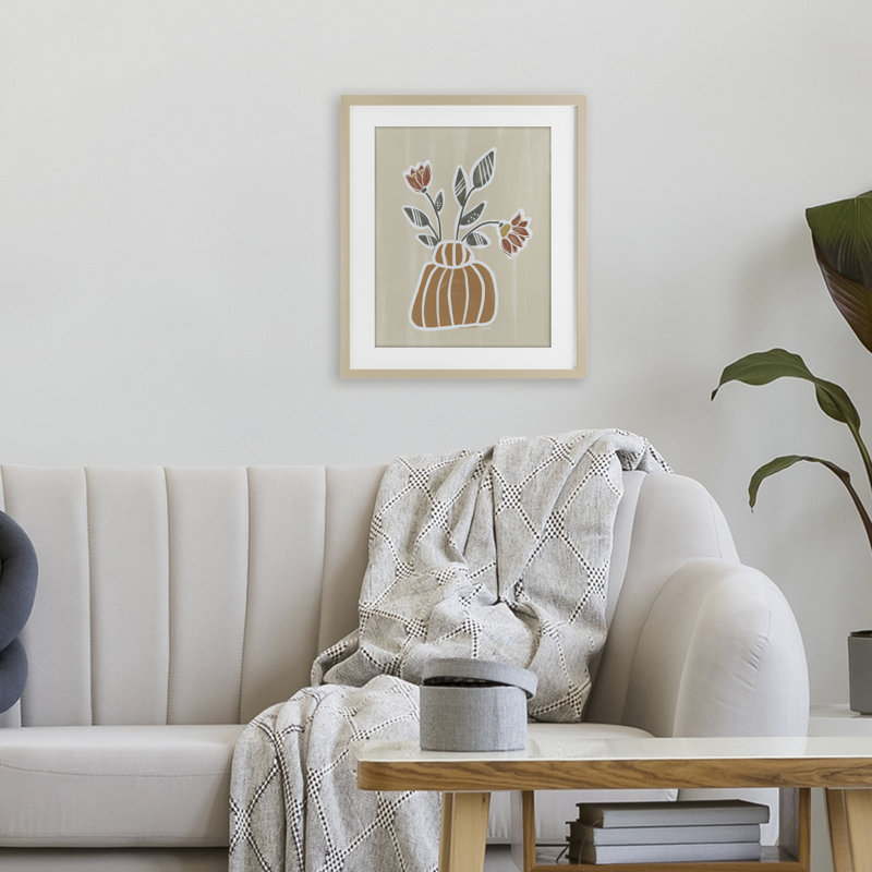 Cottage Blooms Asymmetrical Vase Framed Print Under Glass, design by Beki Marquardt, Harvest Pine Frame, 21" H x 17" W