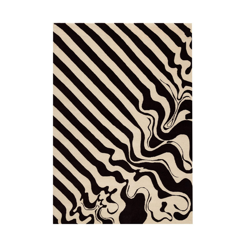 Tapis tissé à motif abstrait noir et beige, Rectangle 4 pi 11,06 po x 7 pi 6,55 po