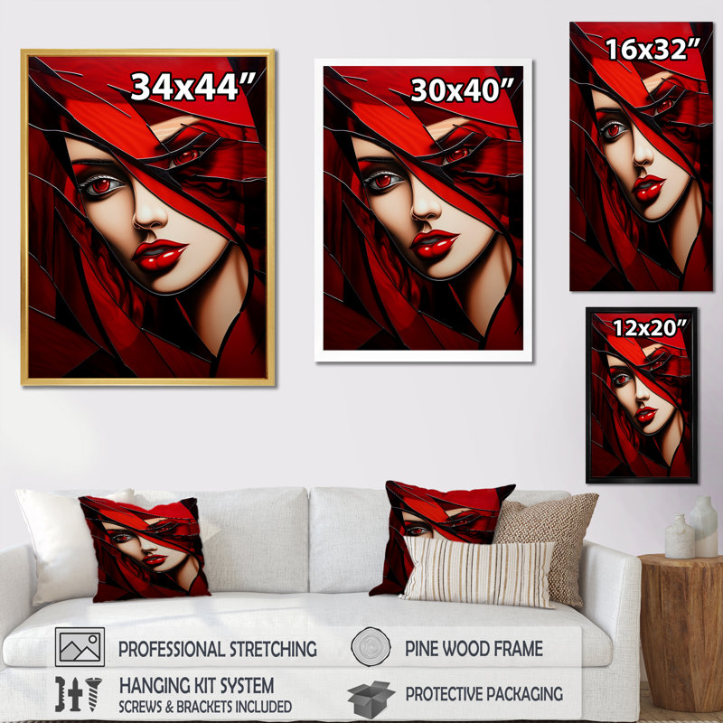 Portrait de femme cubique Ruby Radiance - impression, Cadre flottant noir, H 44 po x l 34 po x P 1,5 po