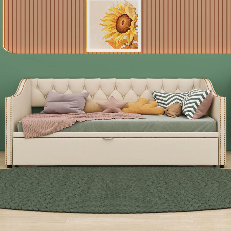 Twin Size Upholstered Daybed With Pop Up Trundle, Beige