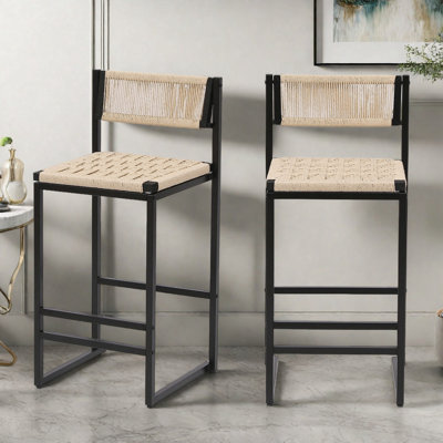 Ensemble de 2 tabourets de bar en corde de papier tissés à la main avec dossier, repose-pieds et structure en métal