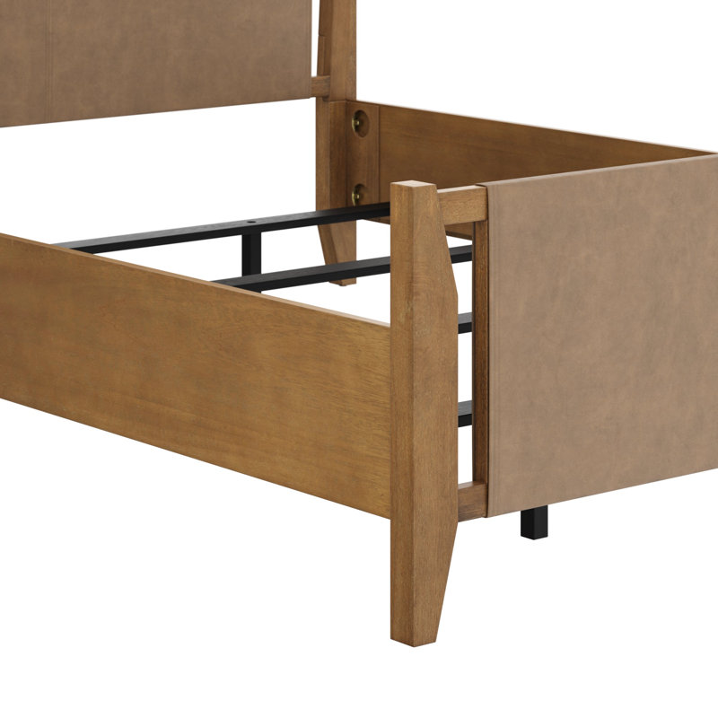 Faux Leather Platform Queen Bed Frame with Solid Wood Legs, Queen