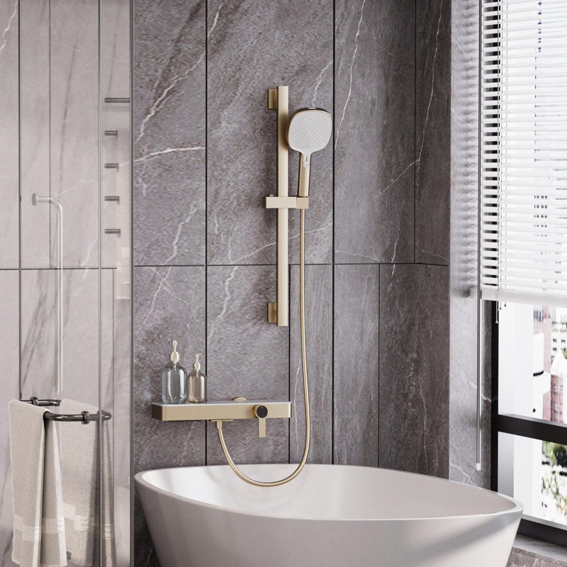 Système de douche thermostatique encastré numérique brossé or, ensemble de douche mural à 3 jets avec douche de pluie et cascade et douchette à fonction unique, valve thermostatique en laiton certifiée CUPC