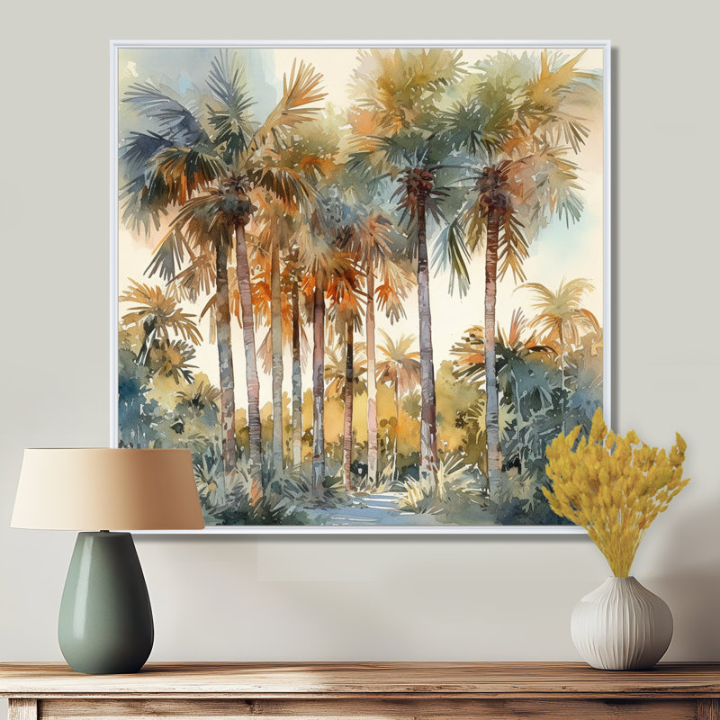 «Green Palm Tree Paradise III - Palm Trees», reproduction d'art sur toile, H 36 po x l 36 po x P 1,5 po, Cadre flottant blanc