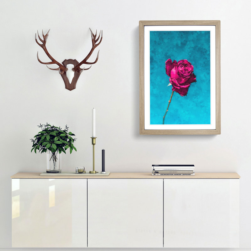 Fuscia Pink Dying Rose - Picture Frame Painting Print, 33cm H x 24cm W x 2cm D, Oak Framed