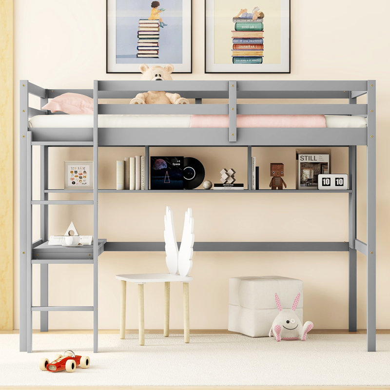 Lit mezzanine simple gris avec bureau, étagères fonctionnelles et bureau d'escalade, Gris