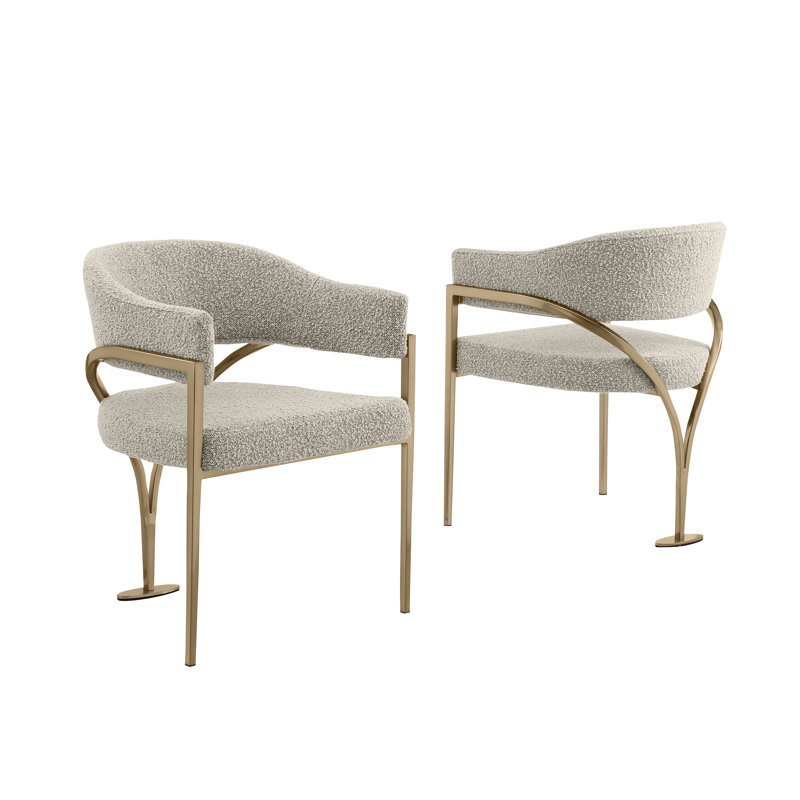 Ensemble de salle à manger en marbre blanc Grand avec chaises d'appoint en tissu Boucle, Gris, Doré