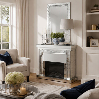 Mirrored and Faux Crystals Fireplace, Nysa Style Electric Heater for Living Room