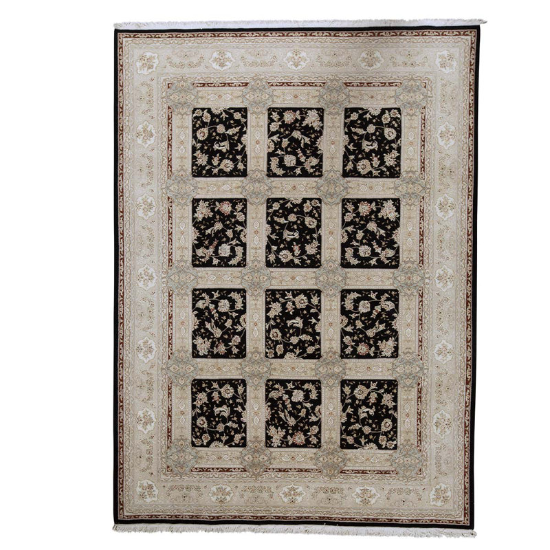 Tapis gris / noir en laine noué à la main de conception unique 8 pi 9 po x 11 pi 9 po