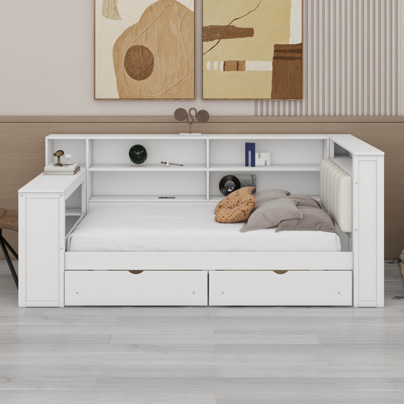 Lit plateforme avec tablettes de rangement, tiroirs, station de charge USB, tête de lit à DEL et bureau intégré, tête de lit tapissier, lit haut à structure en bois pour petits espaces