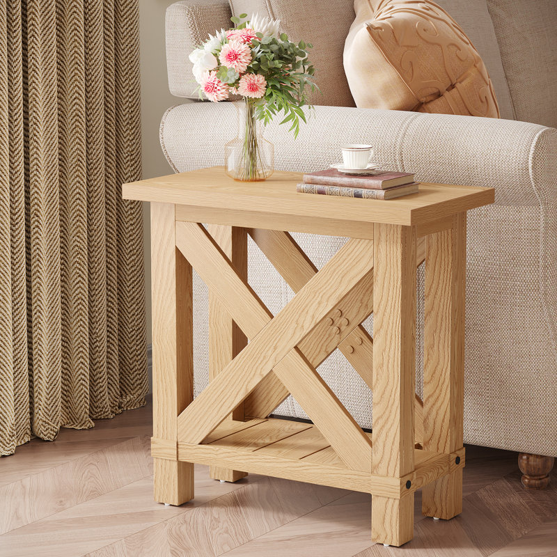 25" End Table with X Shape Frame, Hidden Metal L Bracket Inforcement, Non-Slip Feet