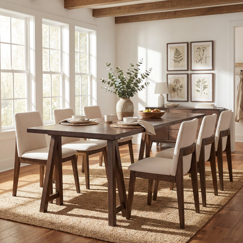 Aveline 7-Piece Mid Century Modern Dining Table Set With Upholstered Chairs, Beige/Walnut