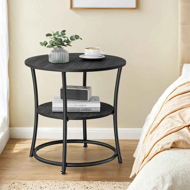 Rolande 22.1" W Round End Table with Storage Shelf , Charcoal Gray/Ink Black