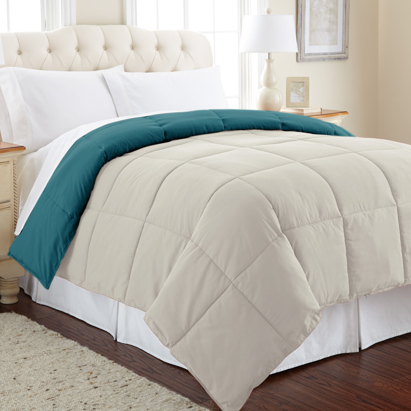 Full Blue Coral and Oatmeal Reversible Down Alternative Comforter Set