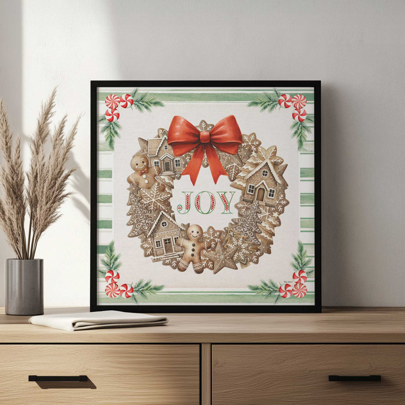 «Joy Gingerbread Wreath» par Nicole DeCamp, reproduction d'art, L 30 po x H 30 po, Noir, Impression encadrée
