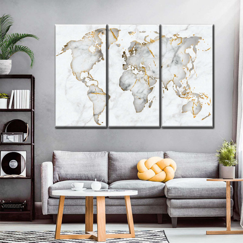 " White Marble World Map " by Enchanté Designs 3 - Pieces, 48" H x 74" W x 1.25" D