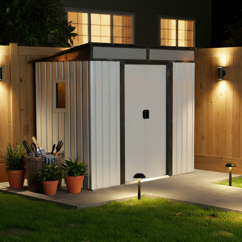 6 ft. x 5 ft. Metal Outdoor Storage Shed with Window & Sloped Roof, 59.5" H x 77" W x 71" D, White