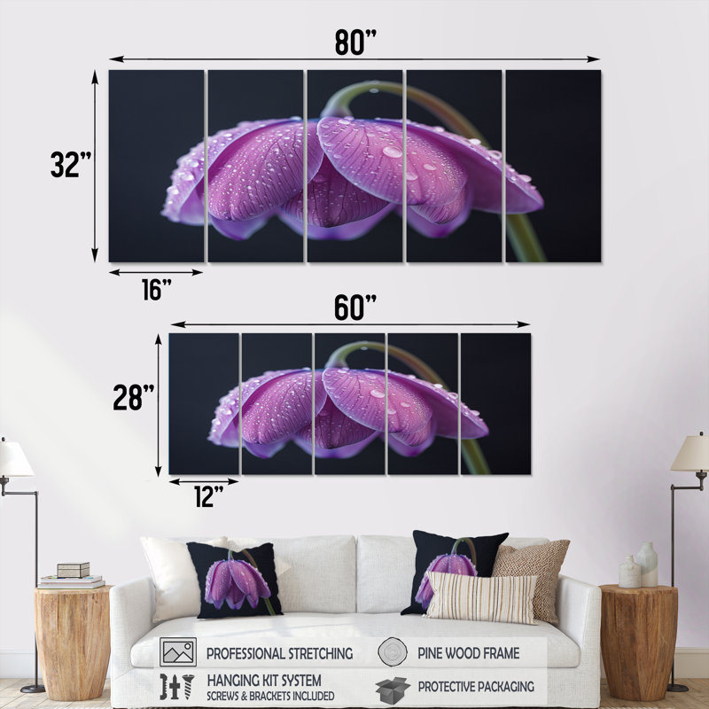 «Black and mauve Snowdrop Flowers At Night II», ensemble d'art sur toile, H 28 po x l 60 po