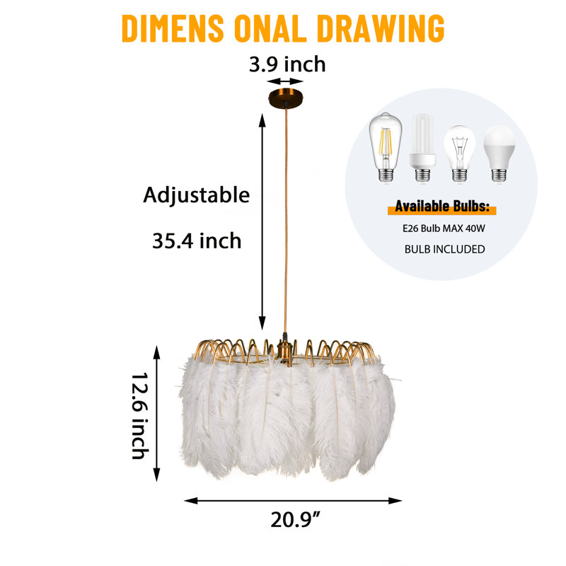 20.9-inch Dimmable Feather Chandelier With Bulb