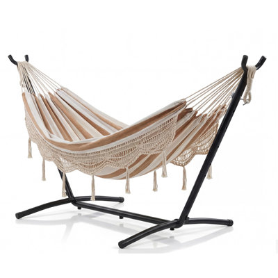 Double Hammocks with Stand for Outside, Heavy Duty Portable Outdoor Hammock with 6 Adjustable Height, Boho Style Hammocks, 450 LBS Weight Capacity, Perfect for Outdoor Indoor Patio Backyard Garden
