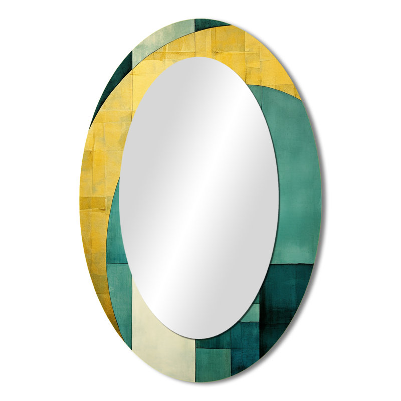 Emerald And Golden Arches I - Abstract Oval Decorative Mirror On Metal, 36" x 24"