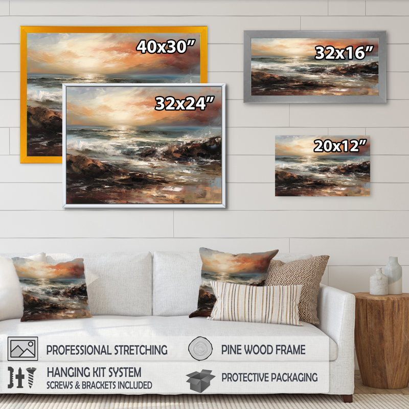 «Whispering Coastal Sunset II», reproduction sur toile, H 12 po x l 20 po x P 1 po, Cadre photo noir