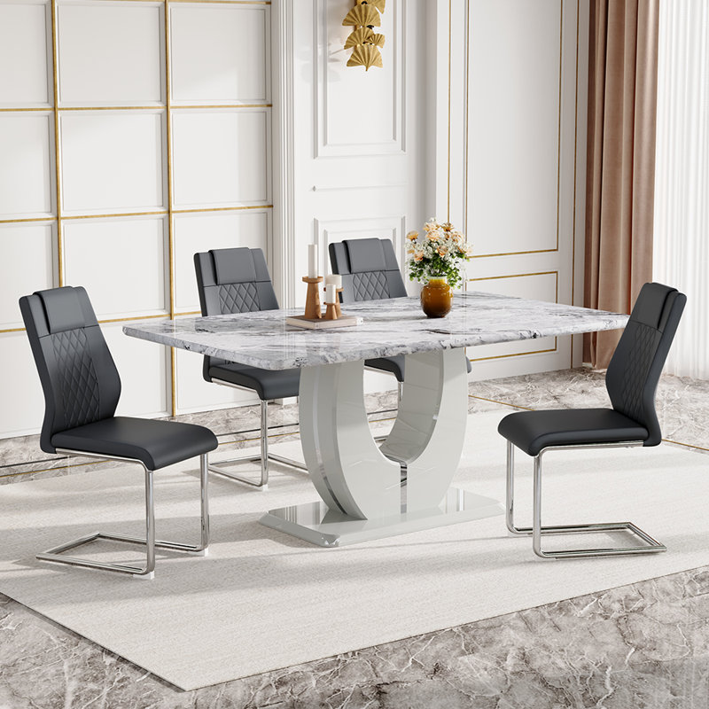  63'' Wooden Dining Table Set, Rectangle Gray Dining Table Set for 4/6 with Leather Chairs, 5, Dark Gray