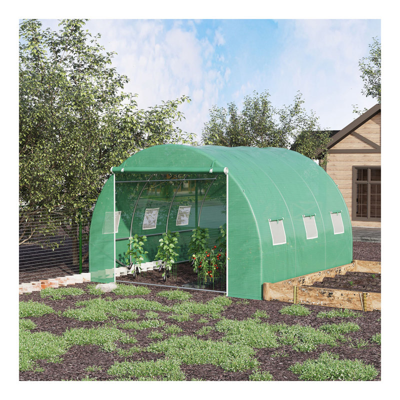 Outsunny 10' X 10' X 6.5' Walk-In Tunnel Hoop Greenhouse, Polyethylene PE Cover, Steel Frame, Roll-Up Zipper Door & Windows For Flowers, Vegetables, Tropical Plants, Green