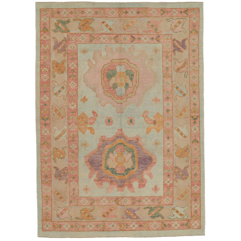 5x7 Green and Pink Turkish Oushak Rug