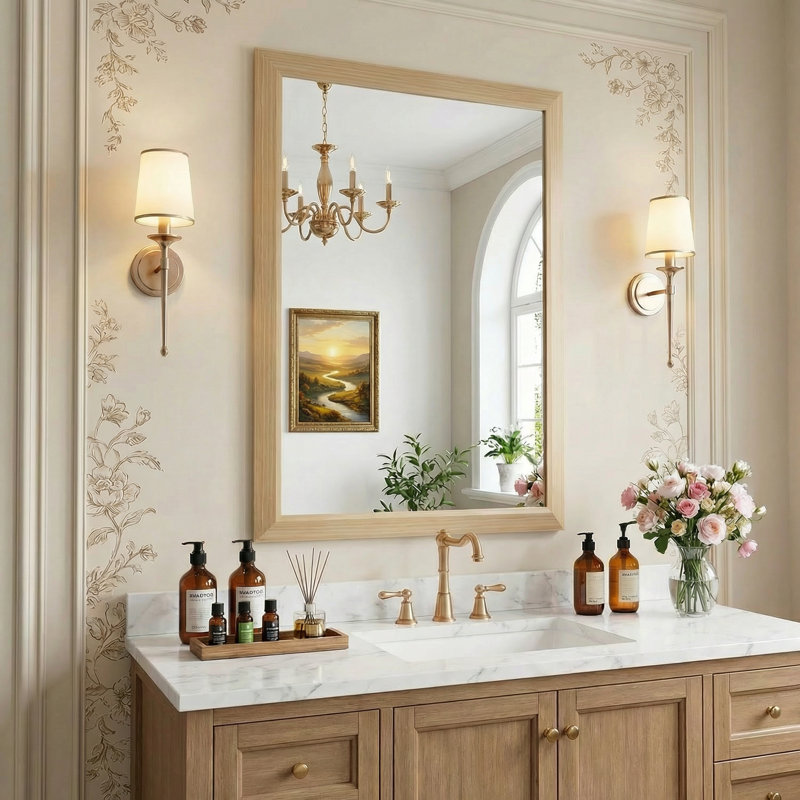 Miroir de salle de bain en verre trempé épais de haute qualité, Bois jaune clair, 36 po x 24 po